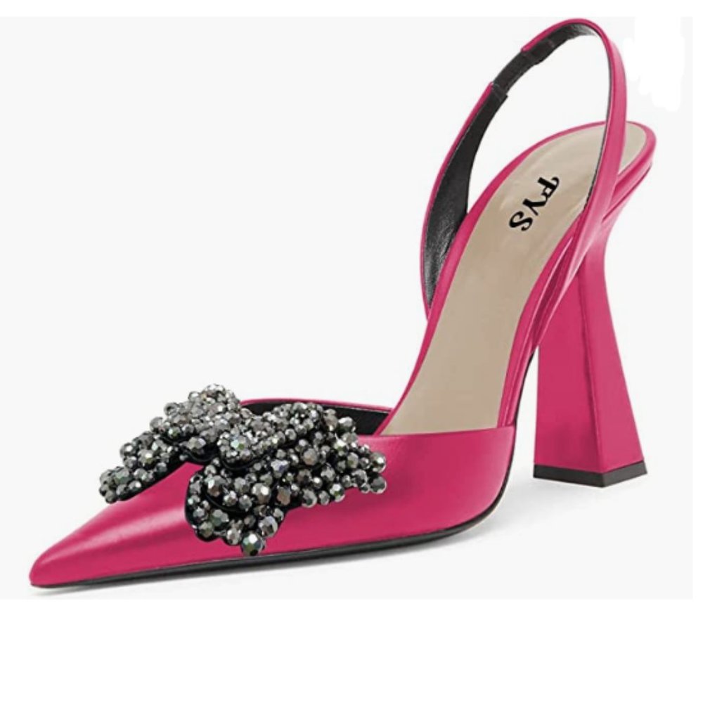 FYS Pink Pointed Toe Slingback Rhinestones Chunky High Heel Pumps